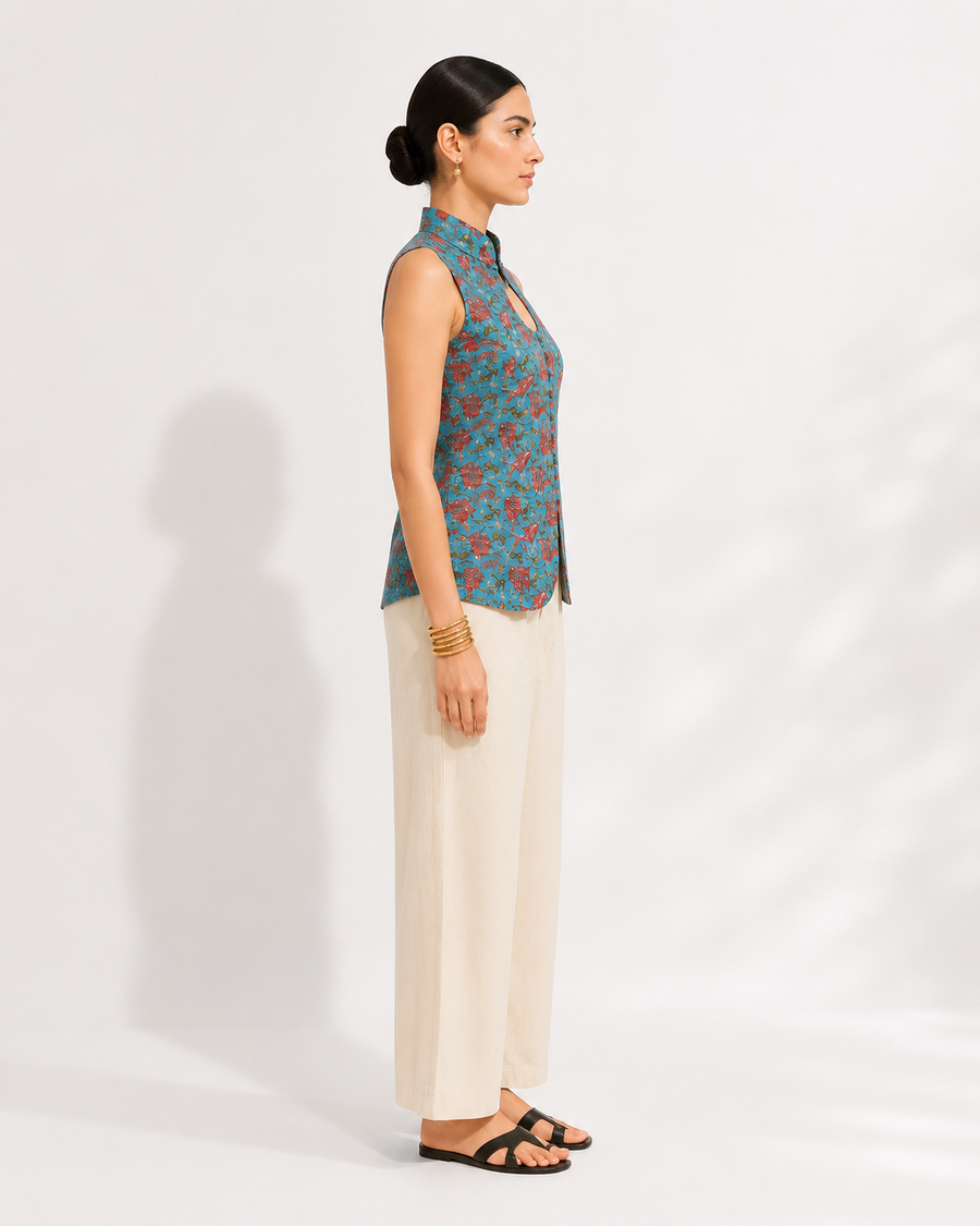Mandarin collar keyhole top